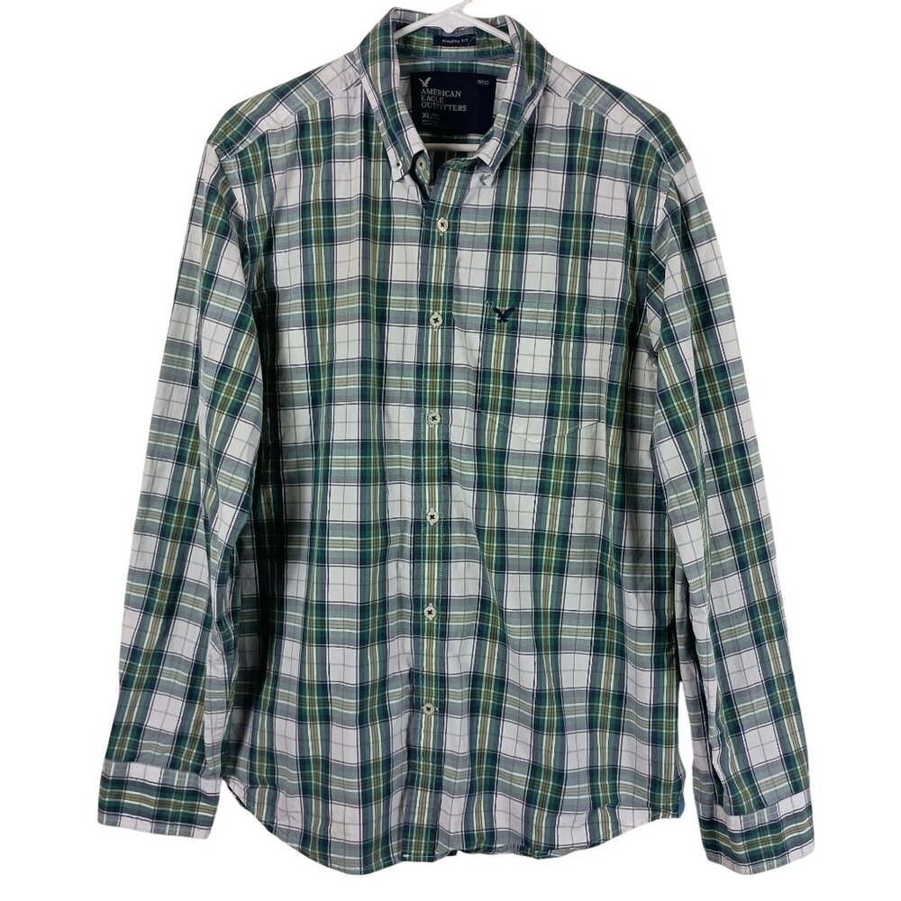 American Eagle Outfitters Mens Green Plaid Long Sleeve Athletic Fit Shirt XL